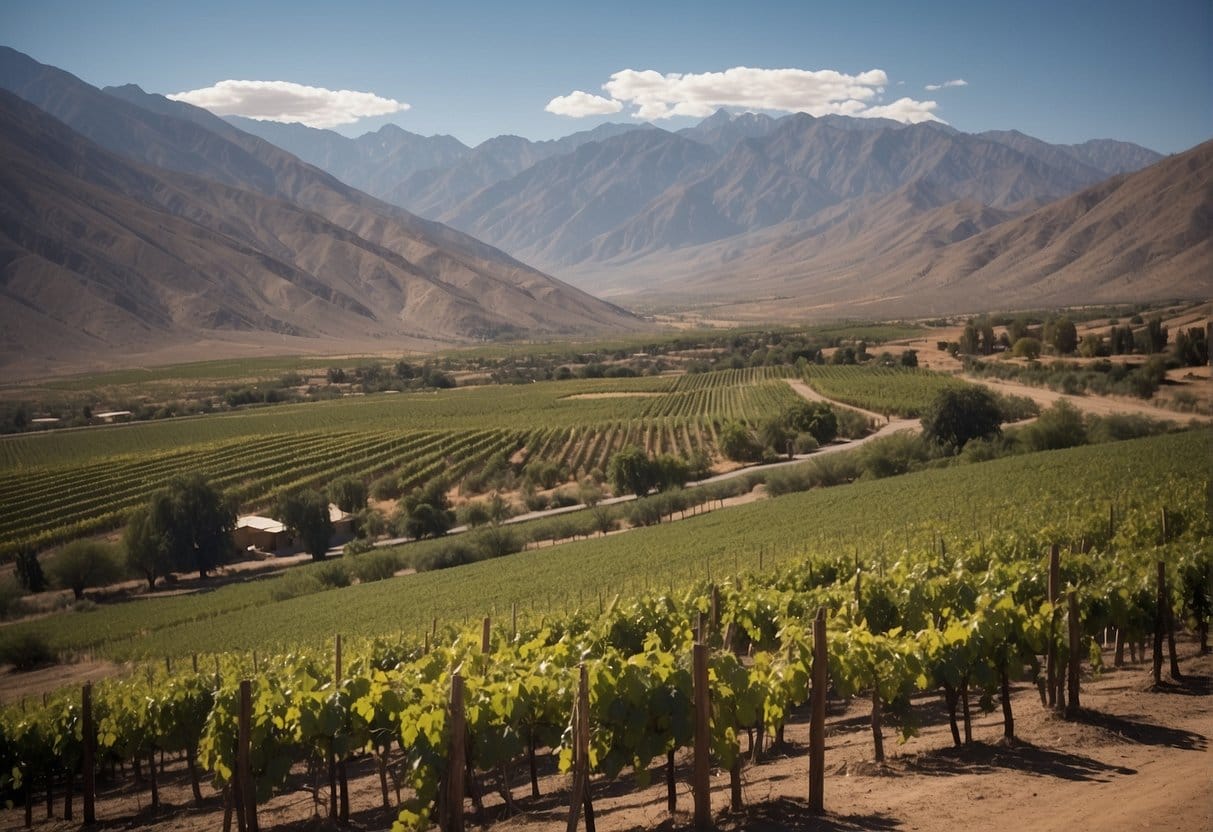 A vineyard in chile with mountains in the background.