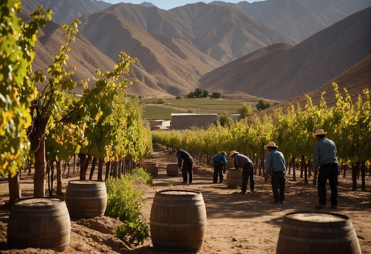 A group of people working in a vineyard with mountains in the background.