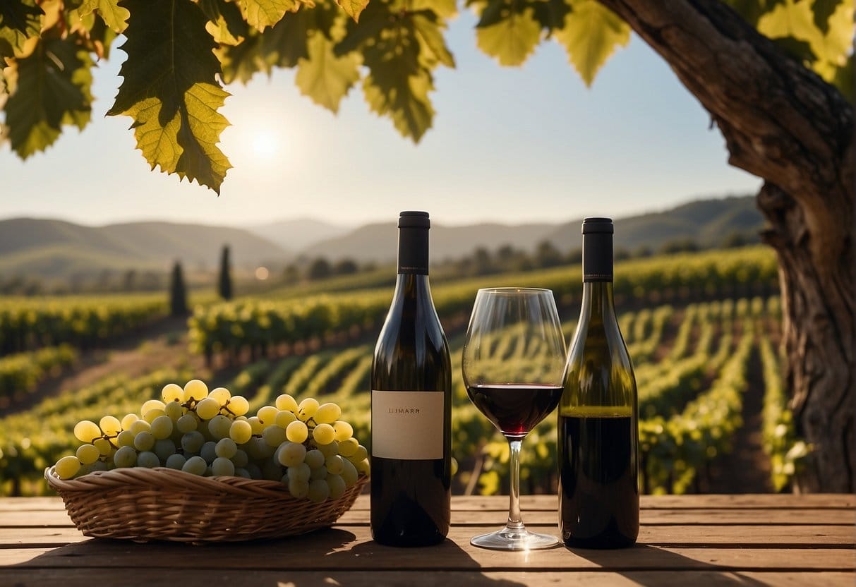 Two bottles of Limarí Valley wine and a basket of grapes on a wooden table.