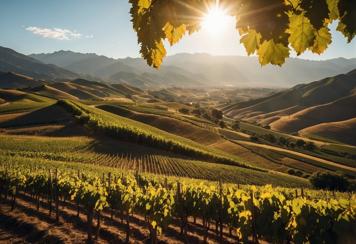 The Limarí Valley Wine Region is blessed with the sun shining on a vineyard in the mountains.