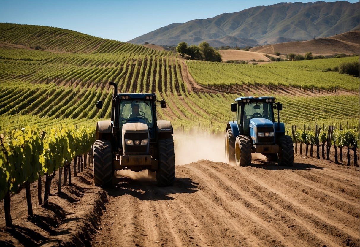 Two tractors on a dirt road in the Limarí Valley Wine Region.