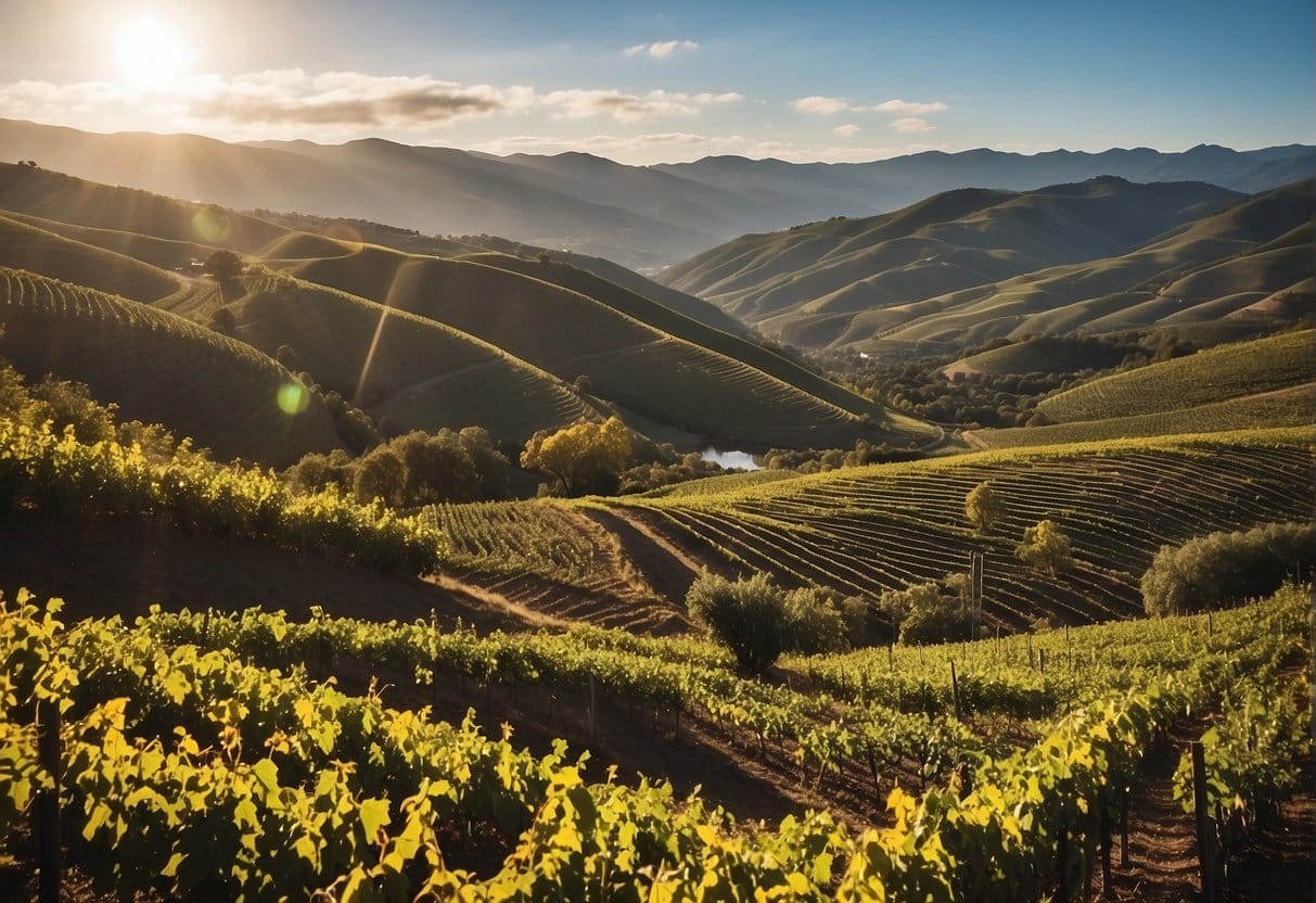 The Limarí Valley Wine Region is home to a stunning vineyard where the sun shines on the picturesque mountains.