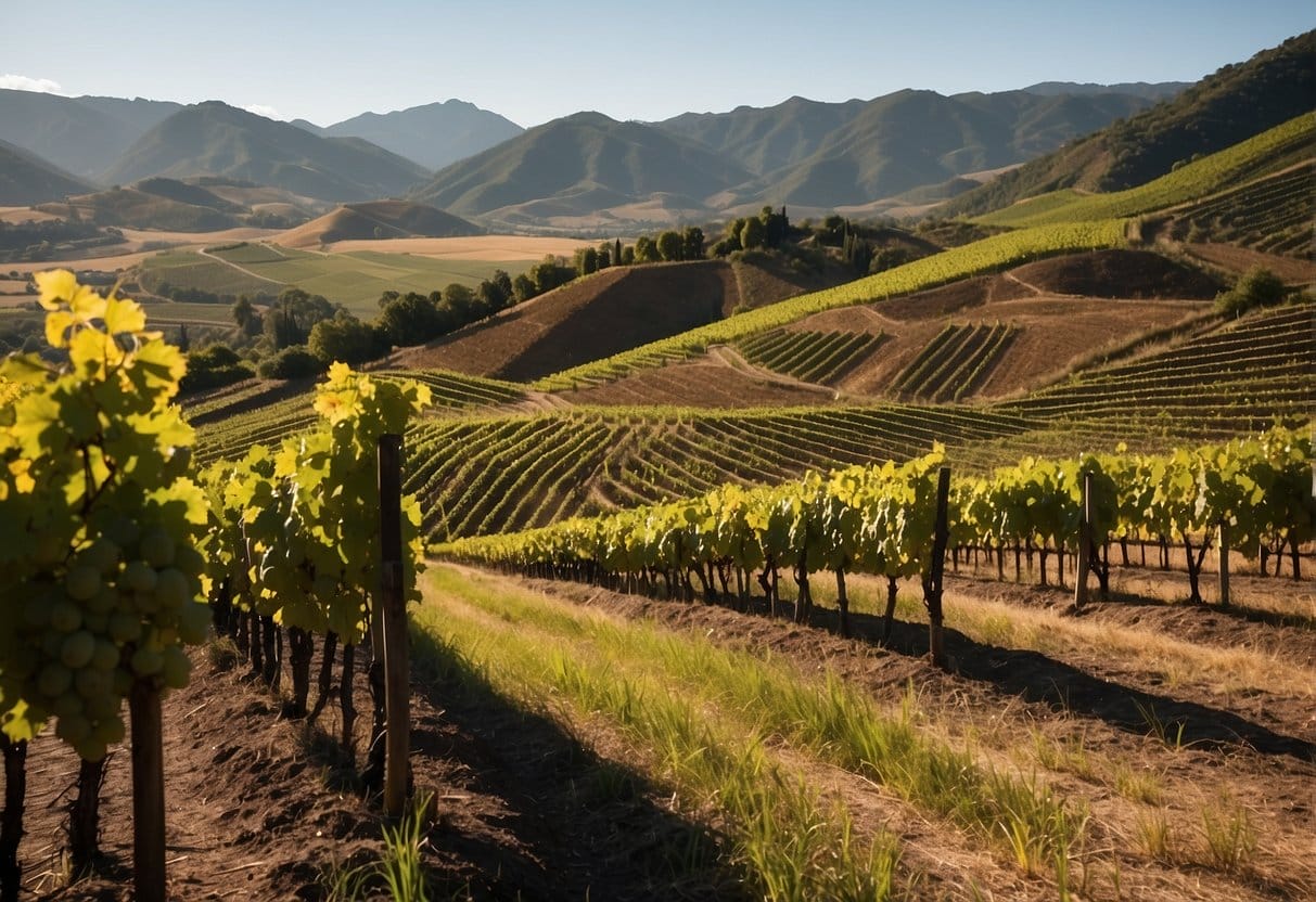 A vineyard in the picturesque Limarí Valley Wine Region, with majestic mountains in the background.