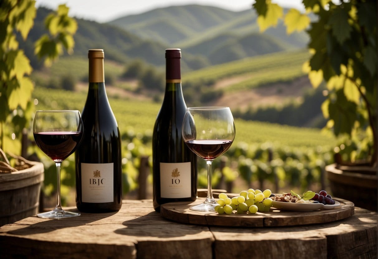 Two bottles of Bío-Bío Wine Region wine and grapes on a wooden table.