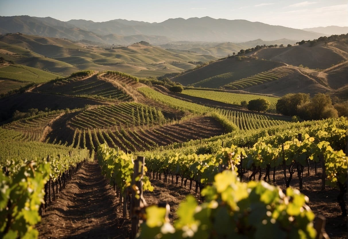 A vineyard in the Bío-Bío Chile Wine Region with mountains in the background.