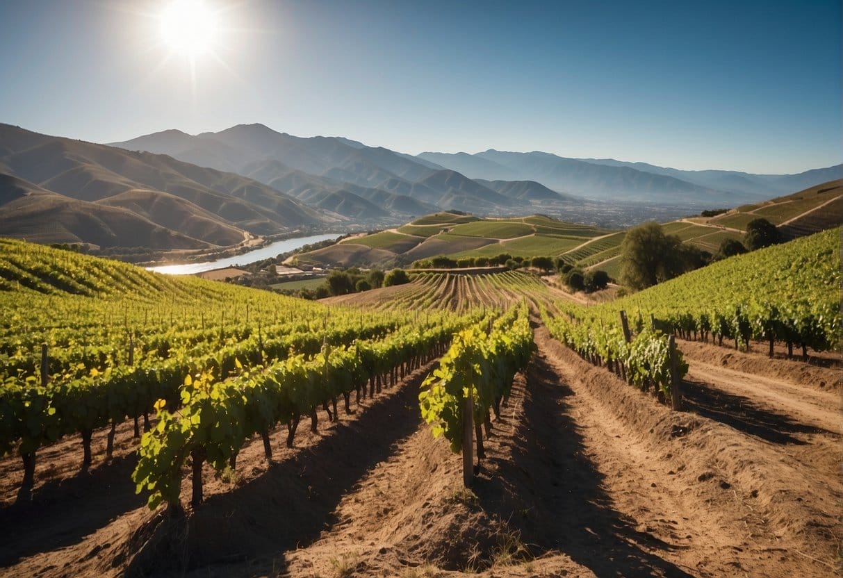 A vineyard in Bío-Bío Wine Region with mountains in the background.