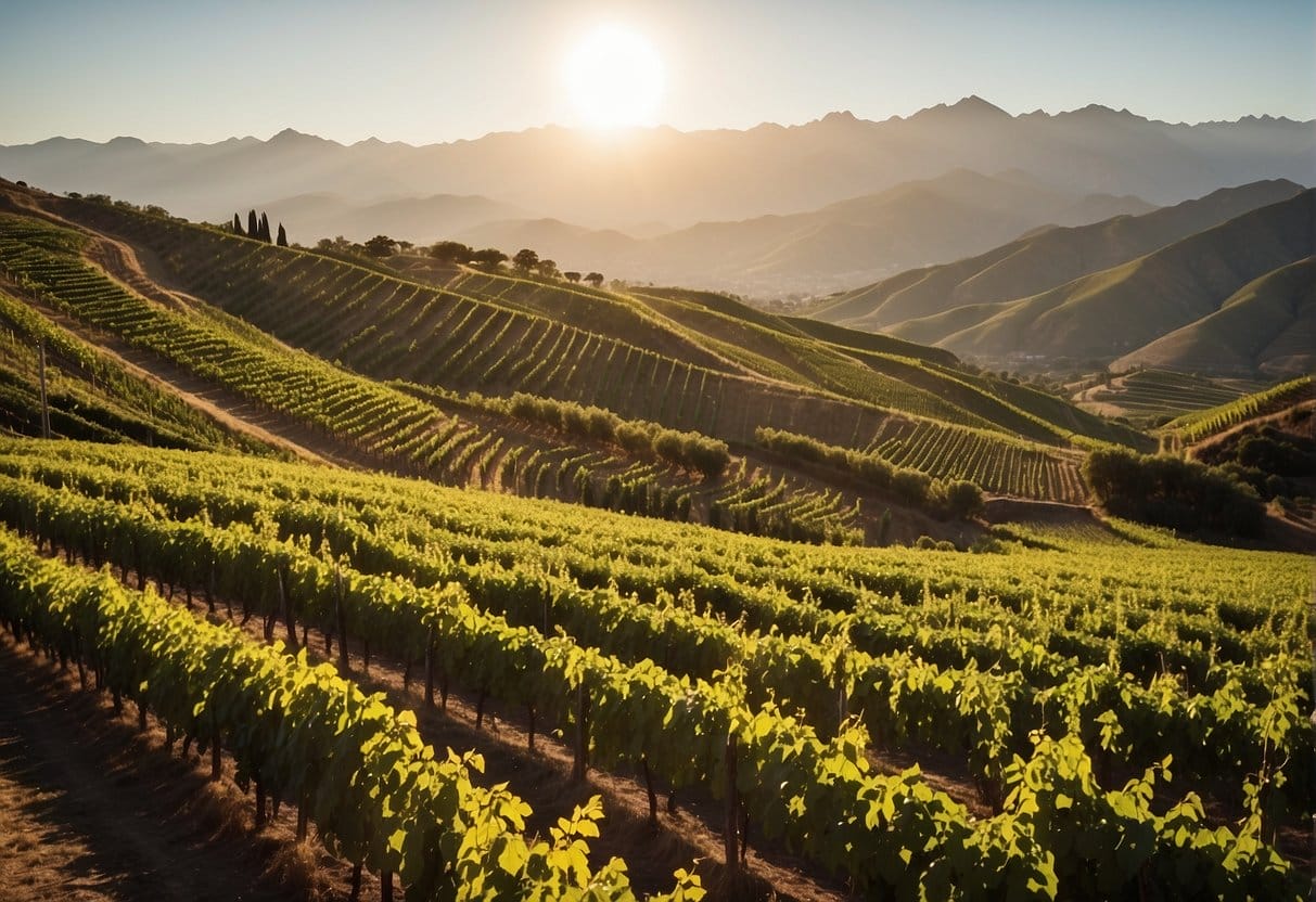 A vineyard field at sunset with mountains in the background.