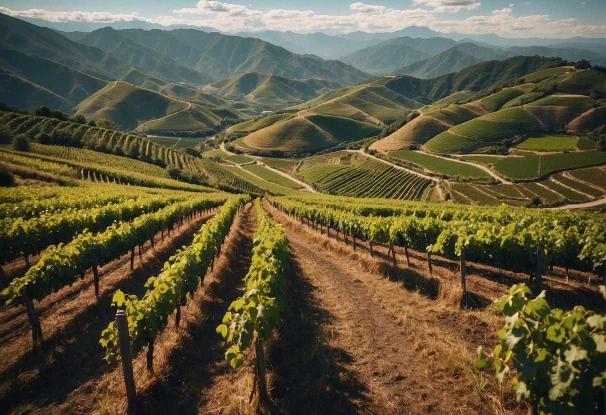 A view of a vineyard in the mountains.