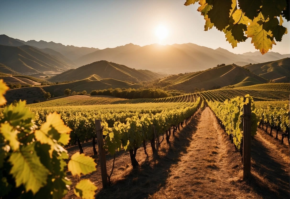 A vineyard field at sunset with mountains in the background.