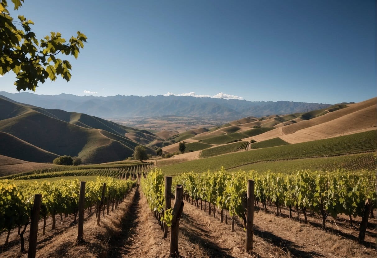 A vineyard field with mountains in the background.