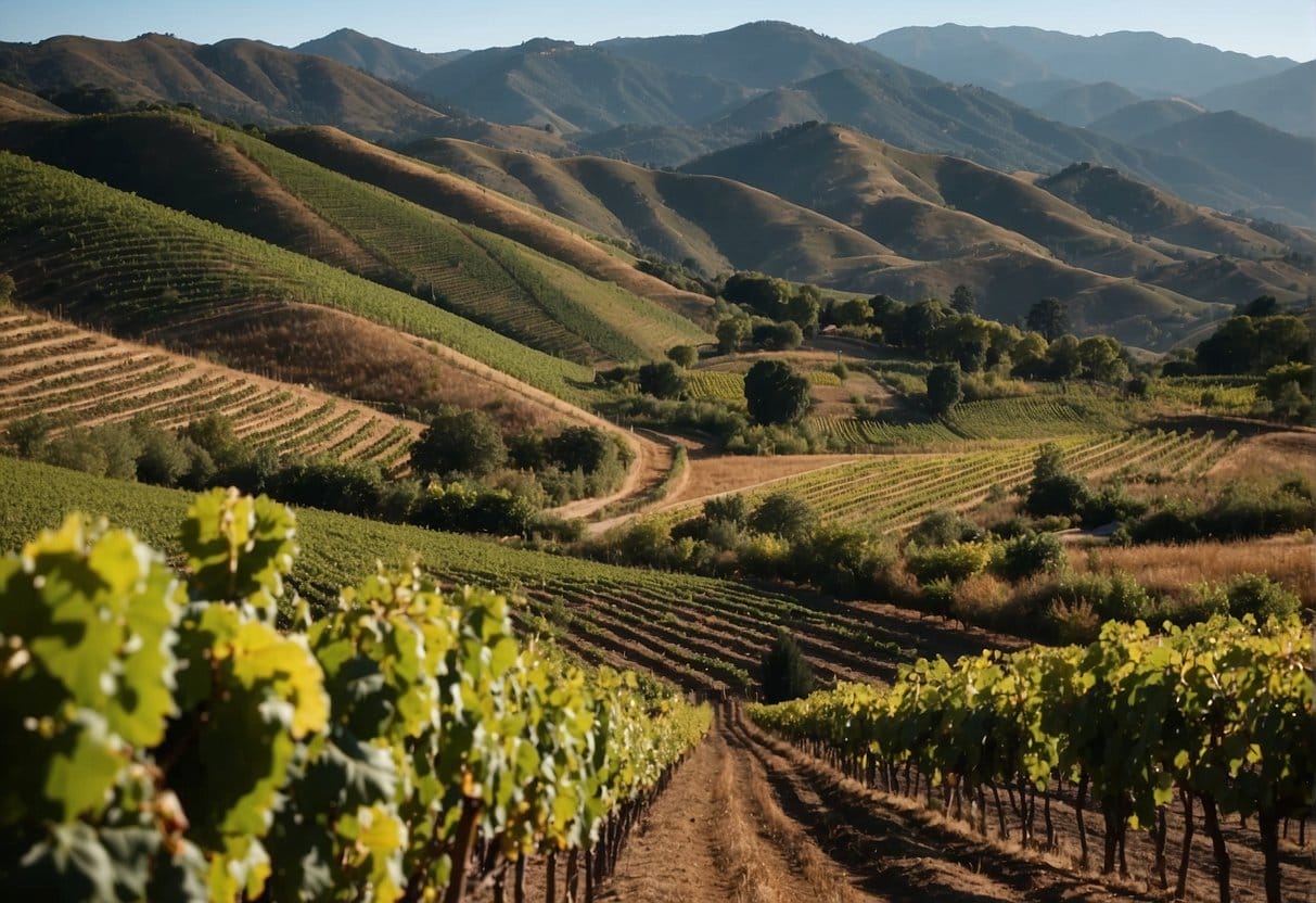 A vineyard in the Itata Valley Wine Region with mountains in the background.