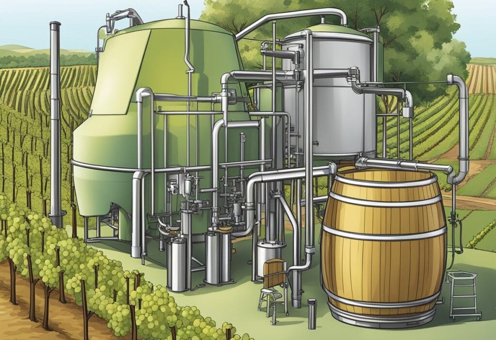 An illustration of a winery in a vineyard.