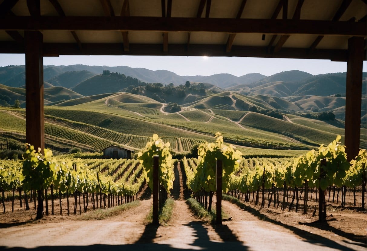 A vineyard with mountains in the background.