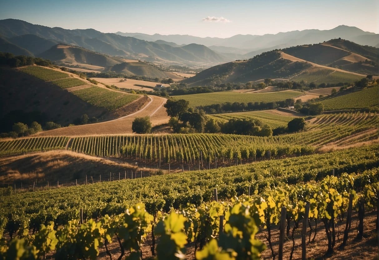 A breathtaking view of a vineyard in the Itata Valley Wine Region, with majestic mountains and rolling hills serving as a stunning backdrop.