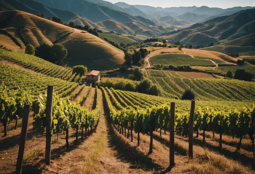 A picturesque vineyard nestled in the stunning Itata Valley Wine Region, framed by majestic mountains.