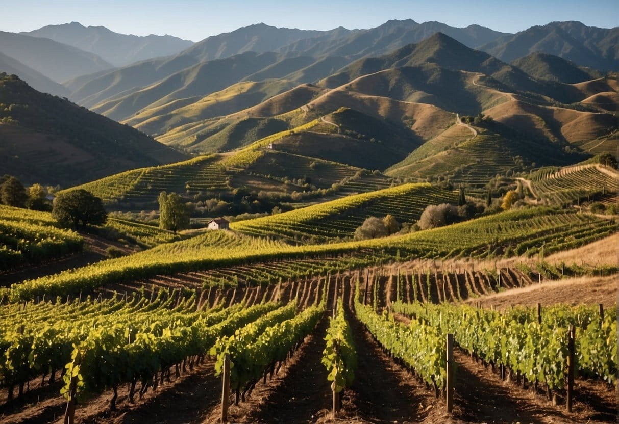 A vineyard field with mountains in the background.