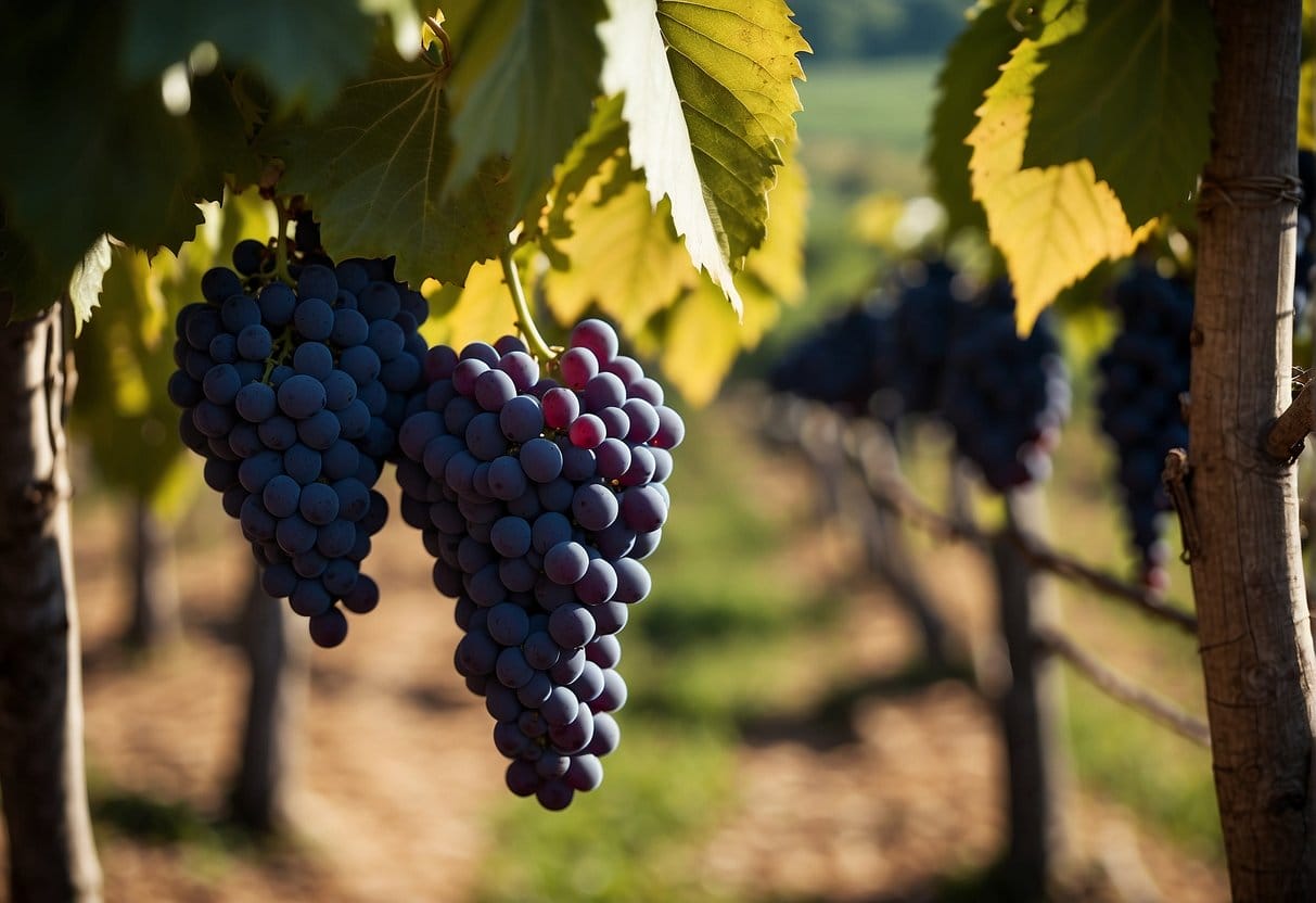 Grapes hanging on a vine in an Italian vineyard, known for its exquisite wines.