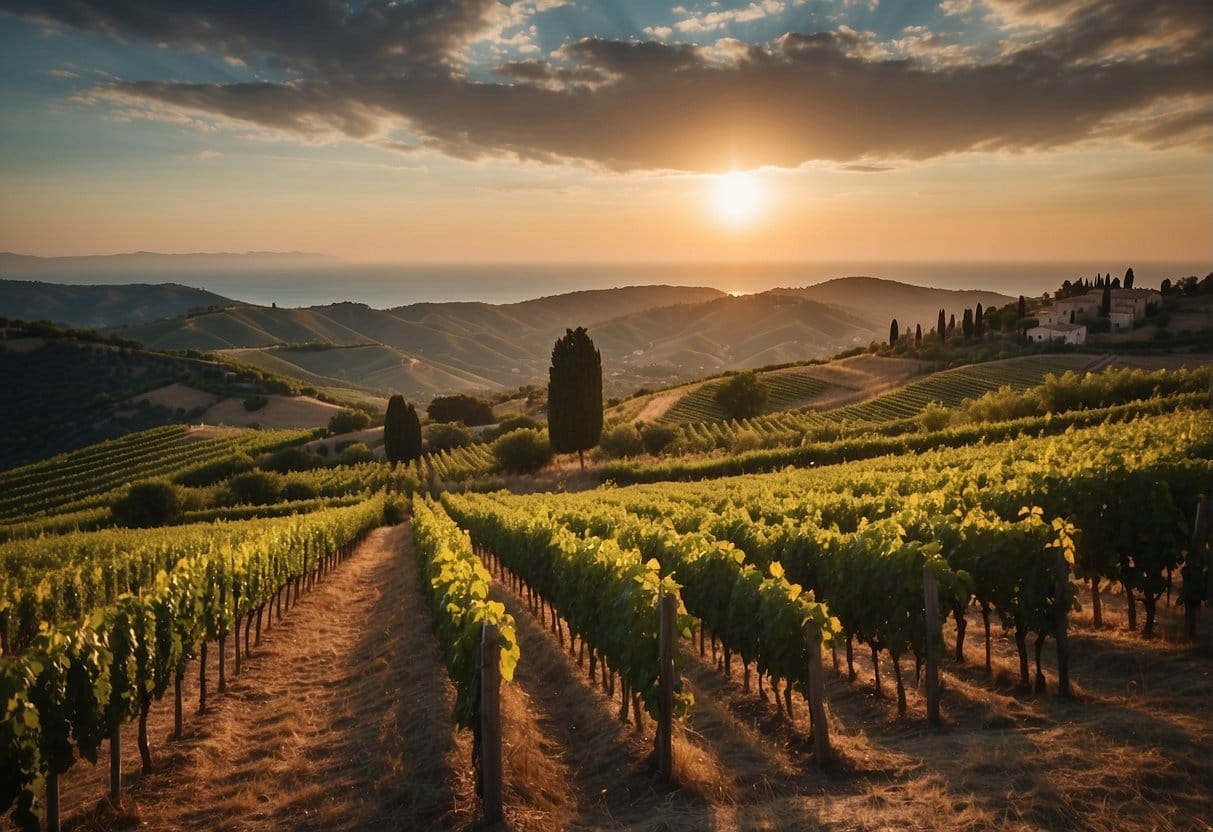 Sunset over vineyards in Tuscany, Italy, famed for its wine regions.