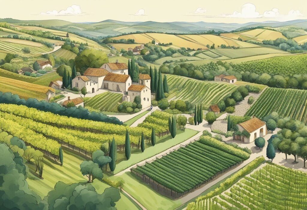 An illustration of a vineyard in tuscany.