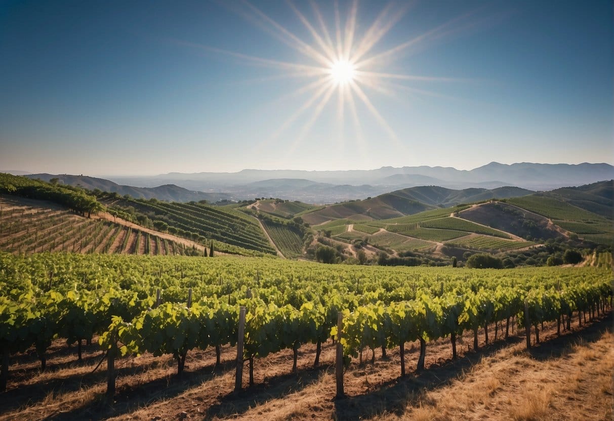 The sun shines over a vineyard field in Italy, known for its wine regions.