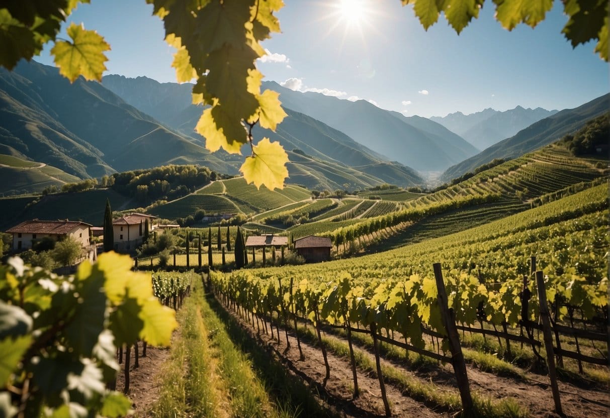 A picturesque vineyard nestled in a breathtaking valley, surrounded by majestic mountains.