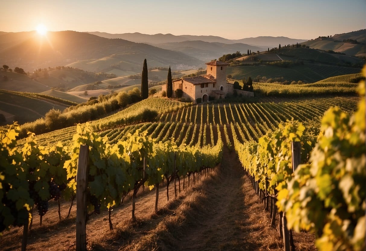 A vineyard in tuscany, italy at sunset.