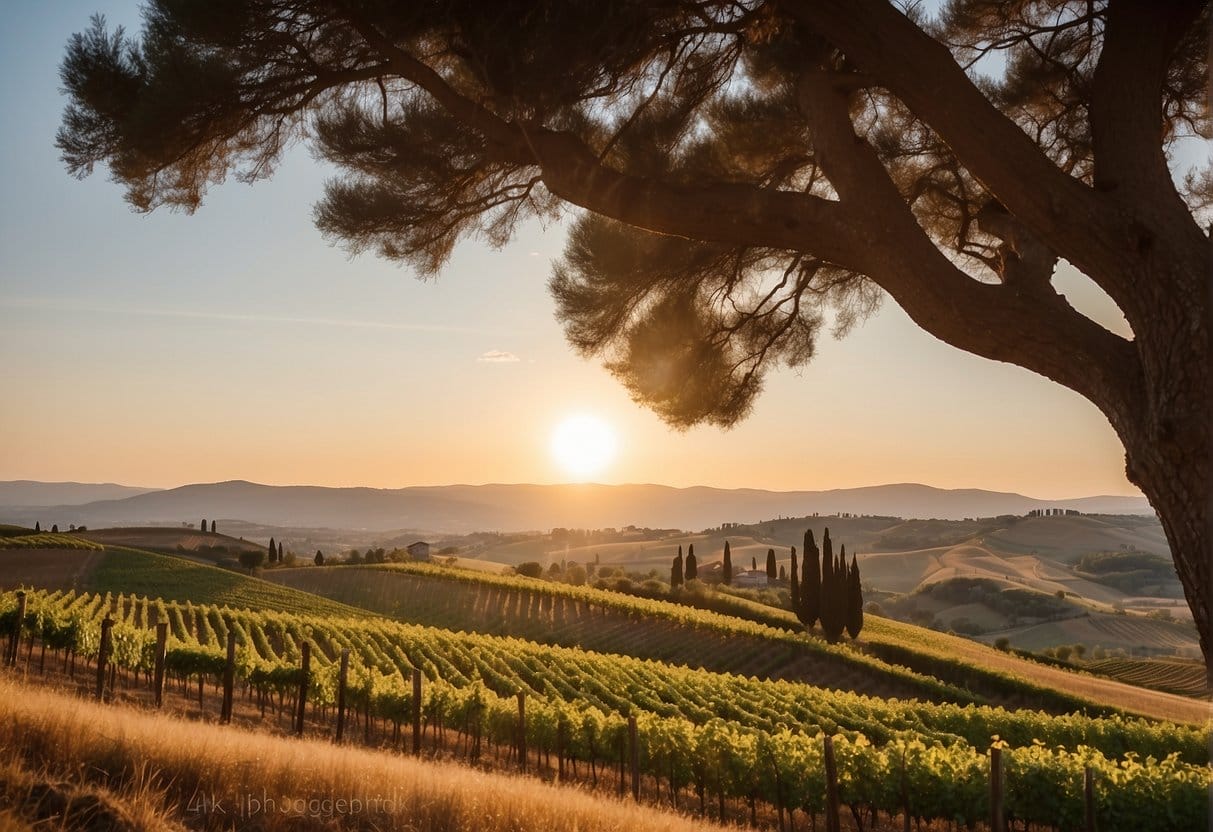 The sun is setting over a vineyard in Tuscany, known for its wine regions in Italy.