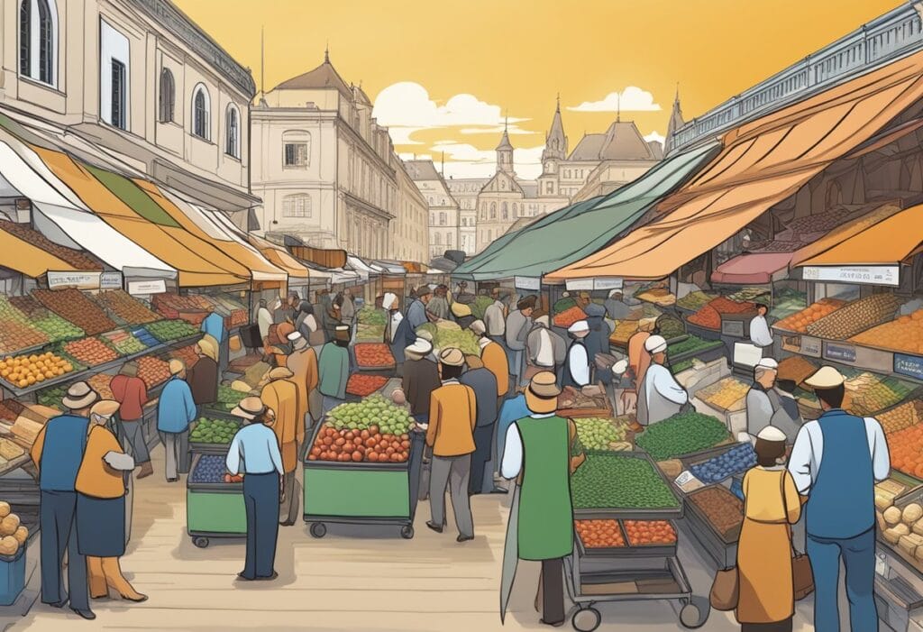 An illustration of a market with people walking around.