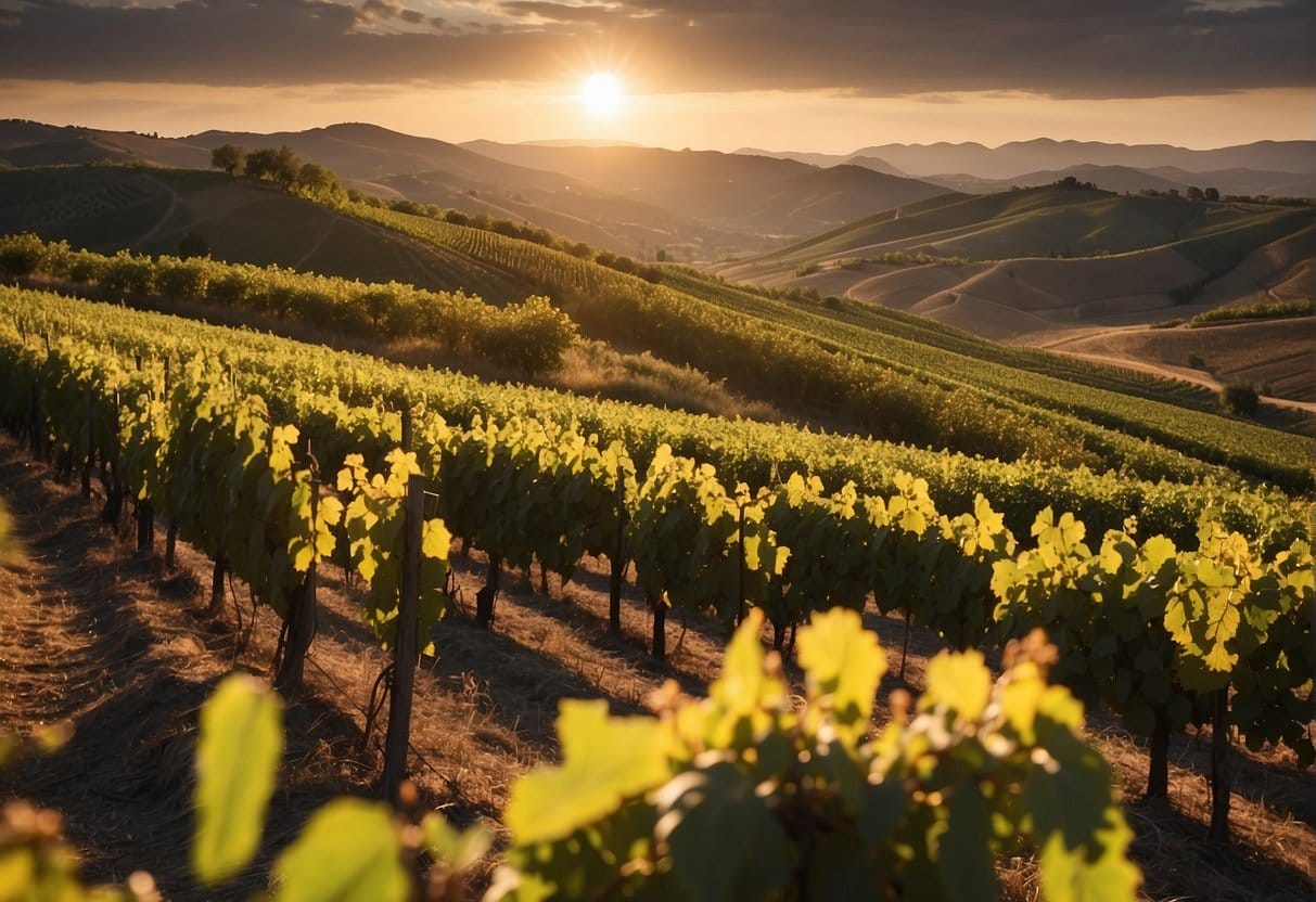 The sun is setting over a vineyard in tuscany, italy.