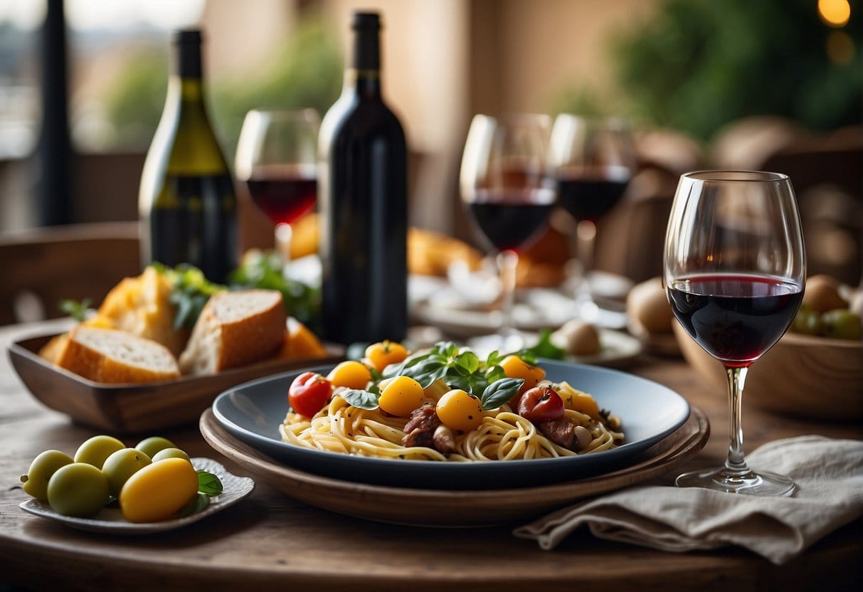 A plate of spaghetti with tomatoes and olives paired with a glass of wine from one of the acclaimed wine regions in Italy, laid on a table.