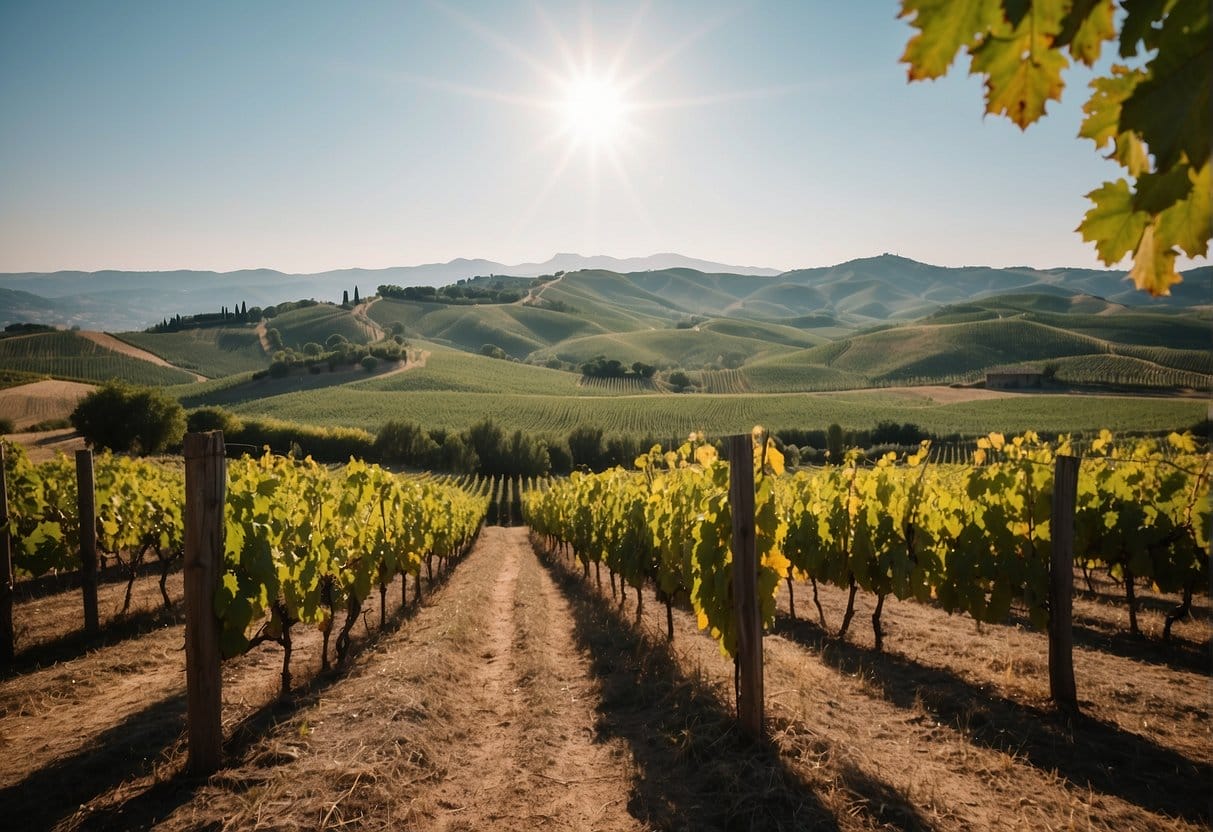 A vineyard with hills and sun.