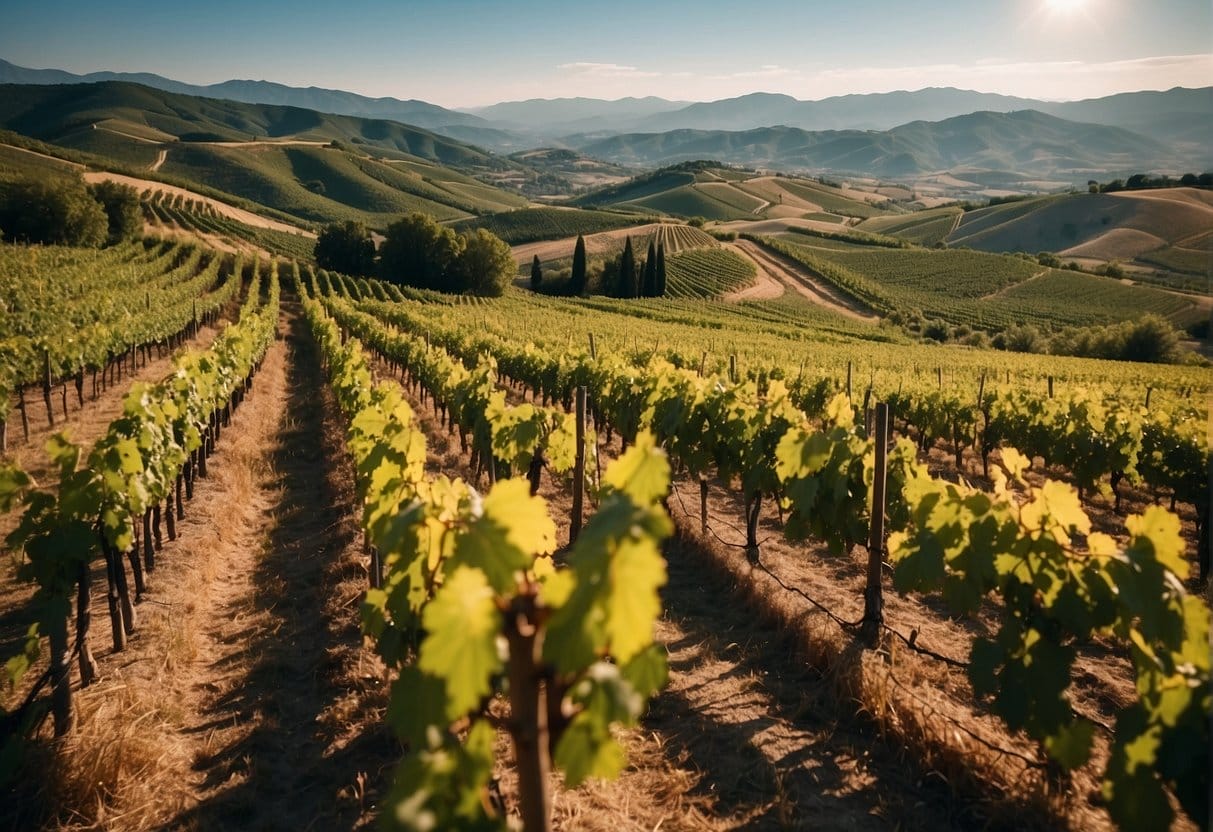 A vineyard with majestic mountains in the background, reminiscent of the picturesque wine regions in Italy.