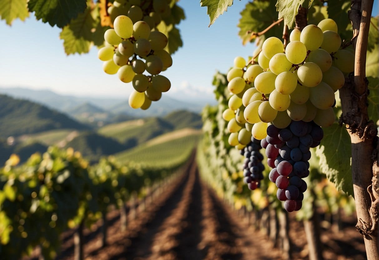 Grapes in a vineyard with mountains in the Wine Regions of Italy.