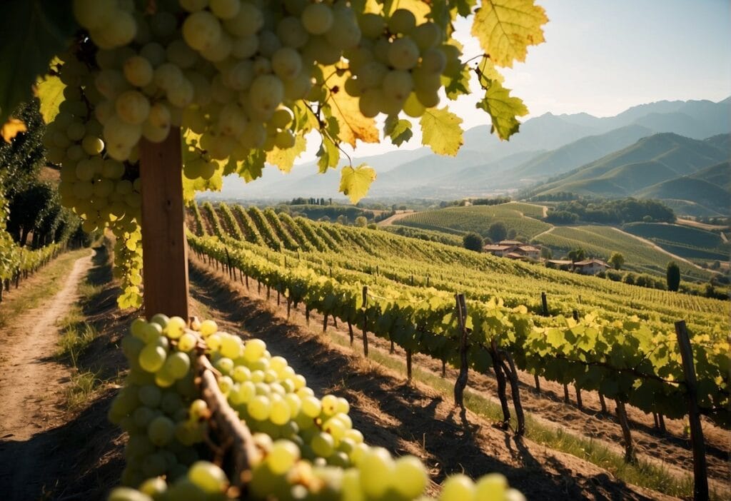 A vineyard nestled in the picturesque Piedmont Wine Region, with grapevines stretching as far as the eye can see and majestic mountains creating a breathtaking backdrop.