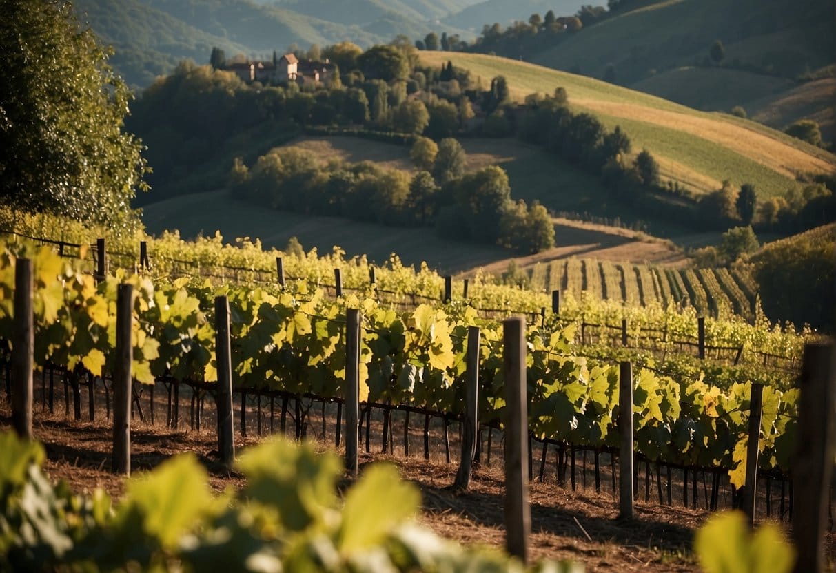 A vineyard in Piedmont Wine Region with hills in the background.