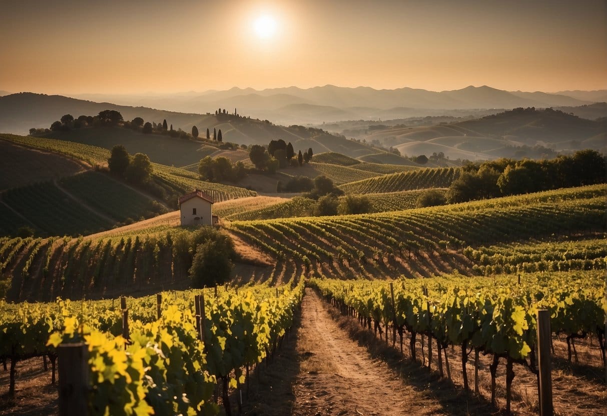 Sunset over a vineyard in Piedmont, Italy.