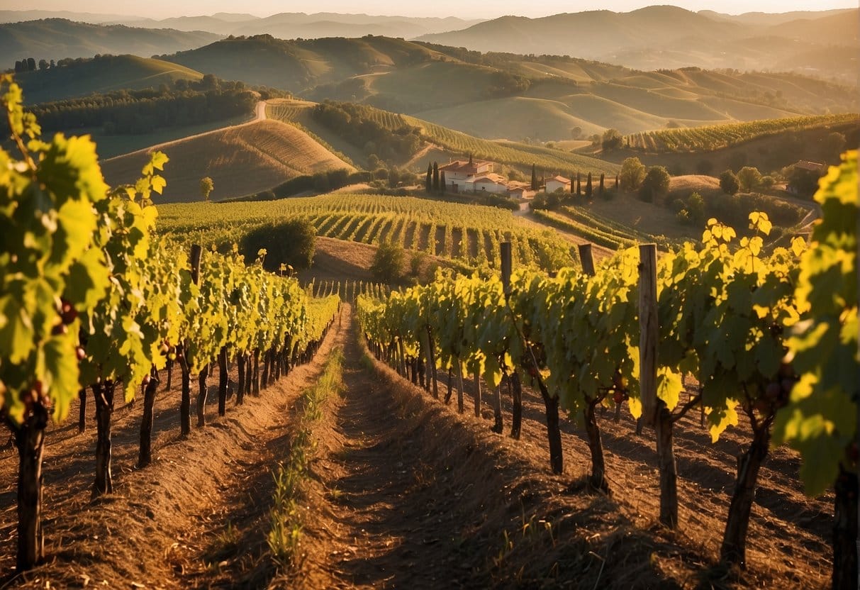 A picturesque vineyard in Piedmont Wine Region at sunset.