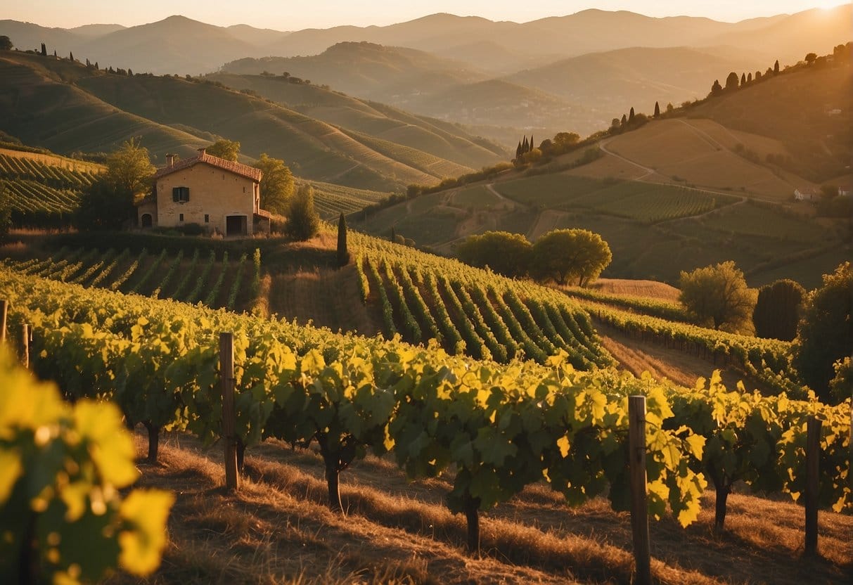 A vineyard in the Veneto Wine Region at sunset.