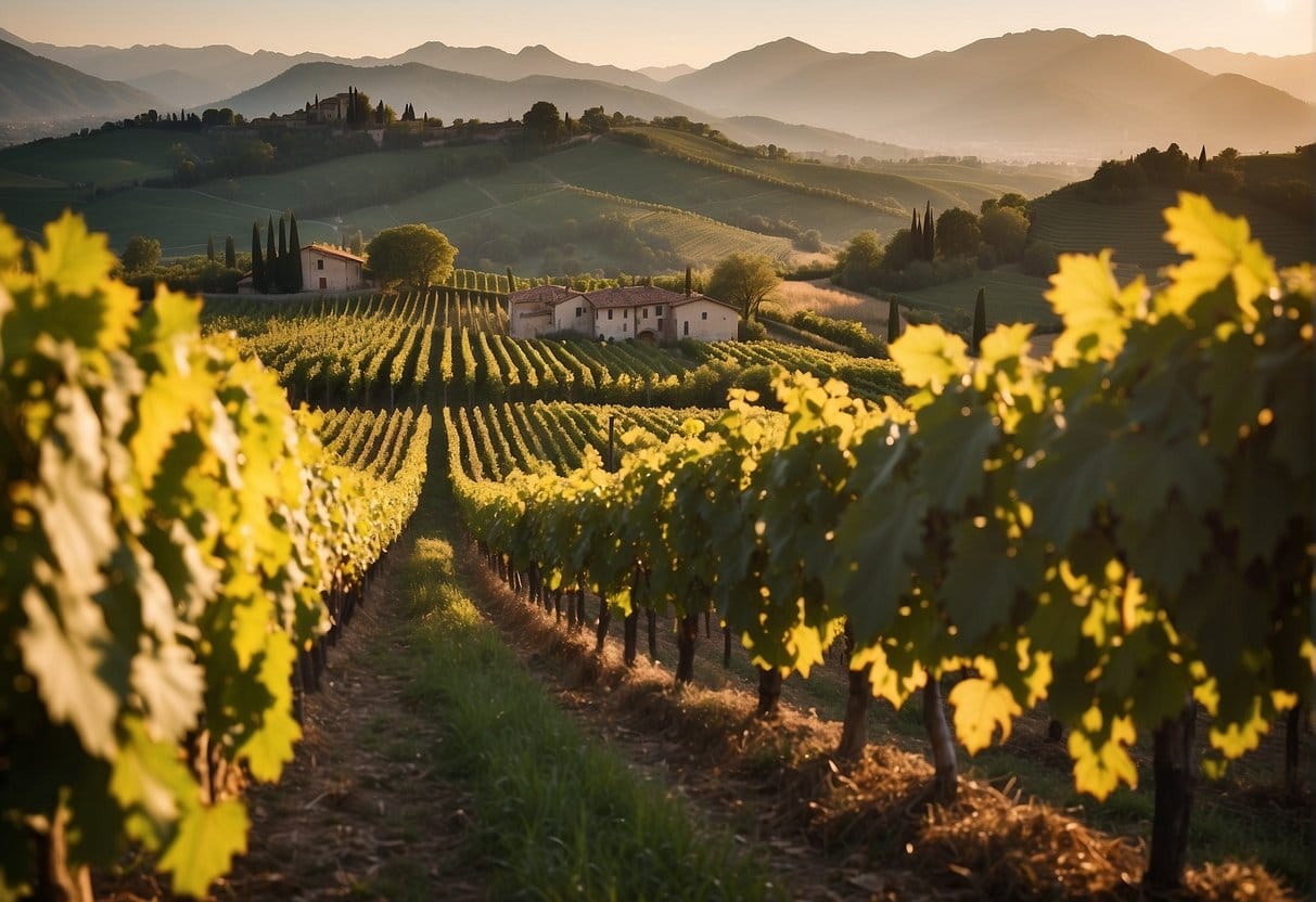 A vineyard in Veneto Wine Region at sunset.