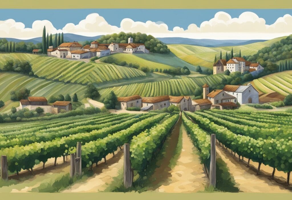 A painting of a vineyard in tuscany.