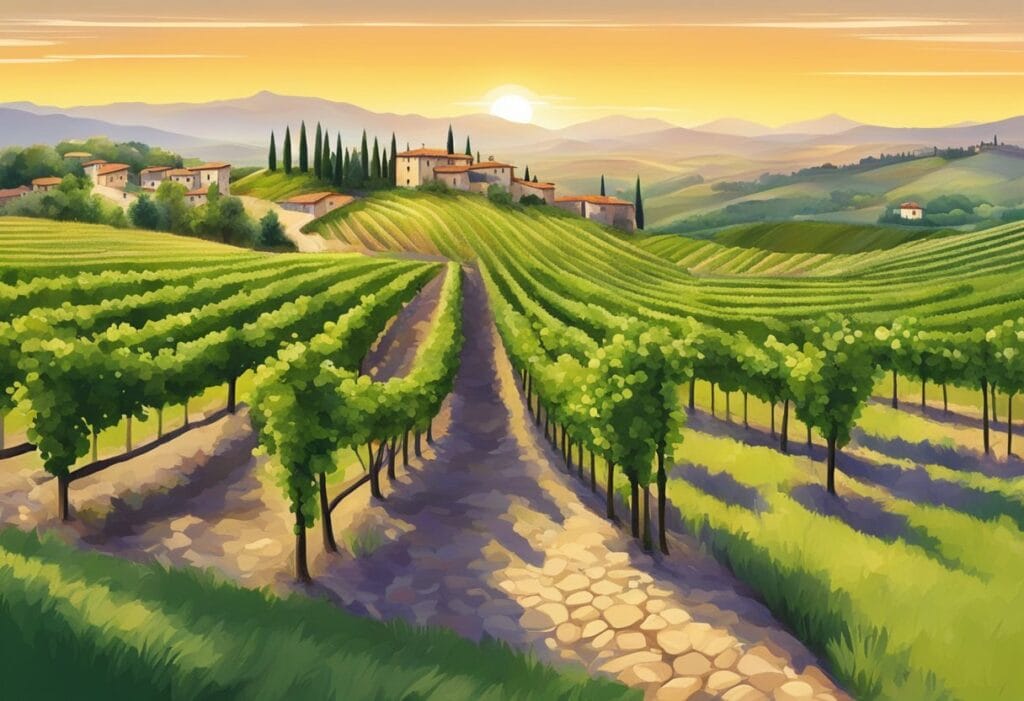 A painting of a vineyard in tuscany.