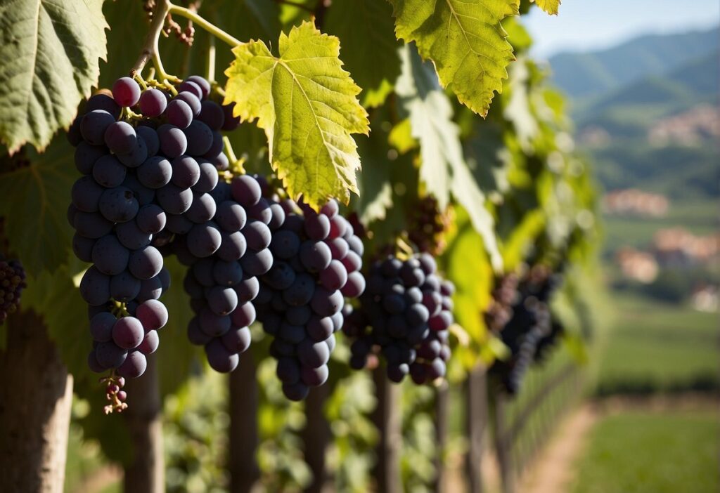 A bunch of grapes hanging on a vine in the Lombardy Wine Region.