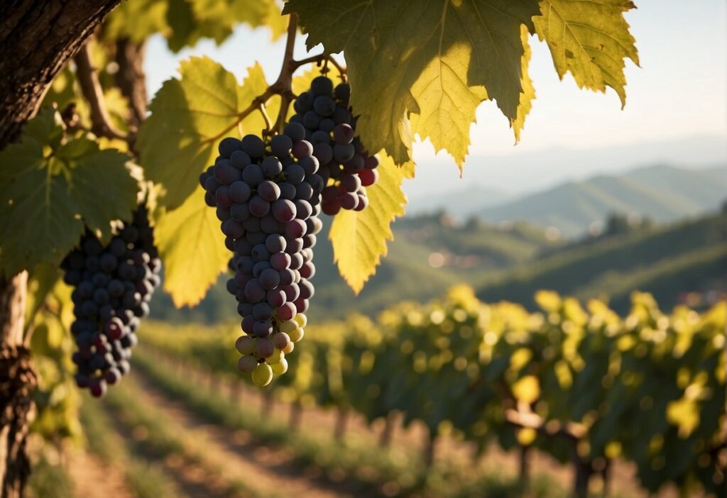 A bunch of grapes hanging from a vine in the Lombardy Wine Region.