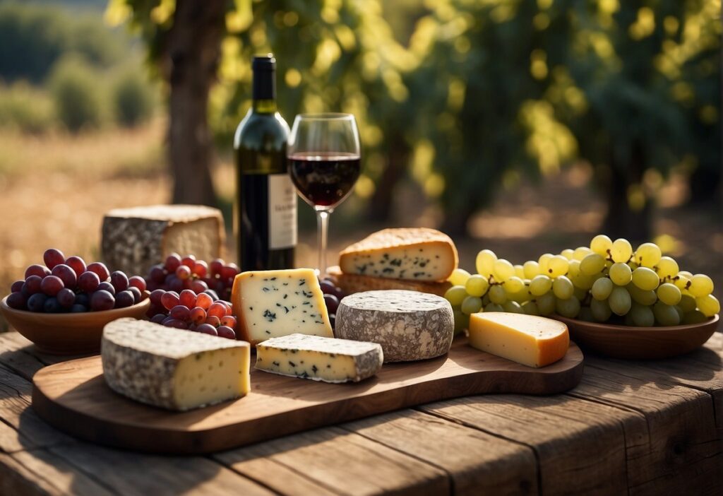 Cheese, grapes and wine from the Lombardy Wine Region on a wooden table.