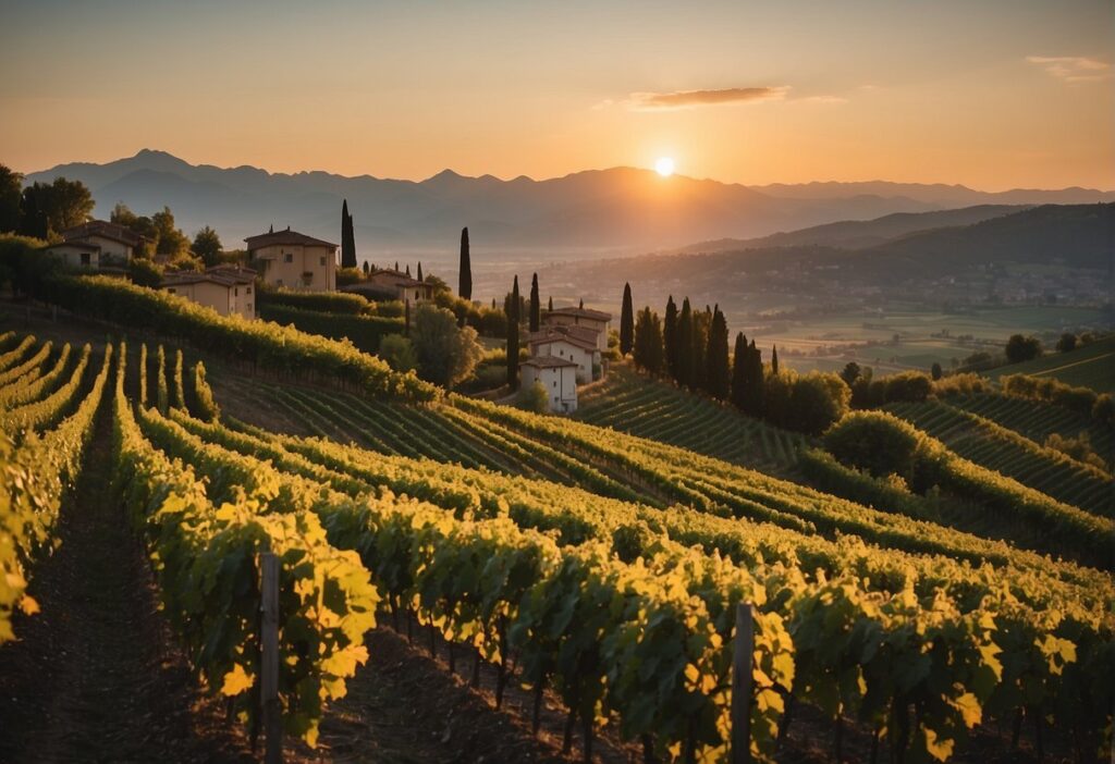 A vineyard at sunset in Lombardy, Italy.