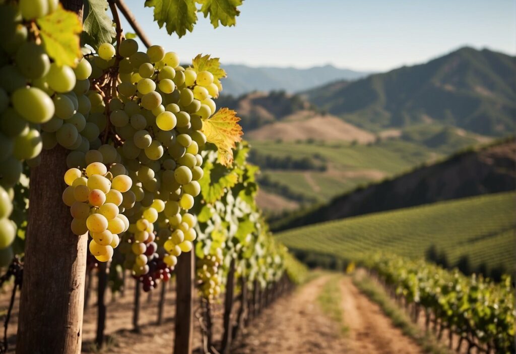 Grapes in the Trentino-Alto Adige Wine Region with mountains in the background.