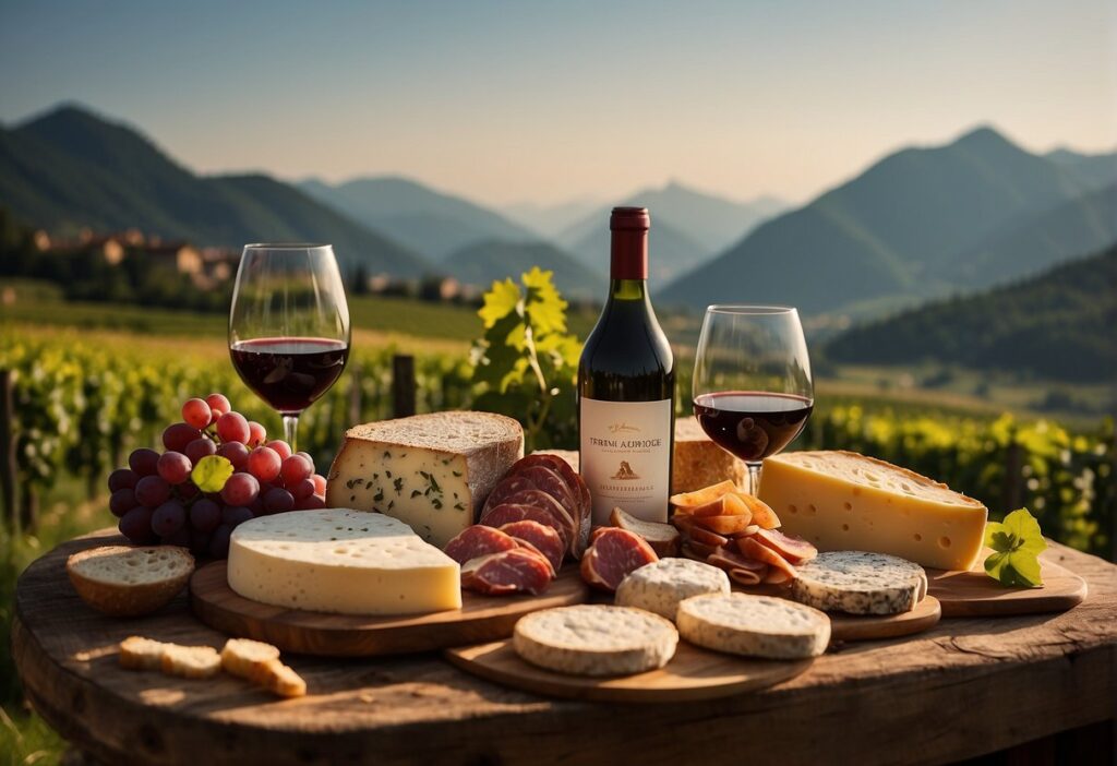 A table with Trentino-Alto Adige wine in front of a mountain.