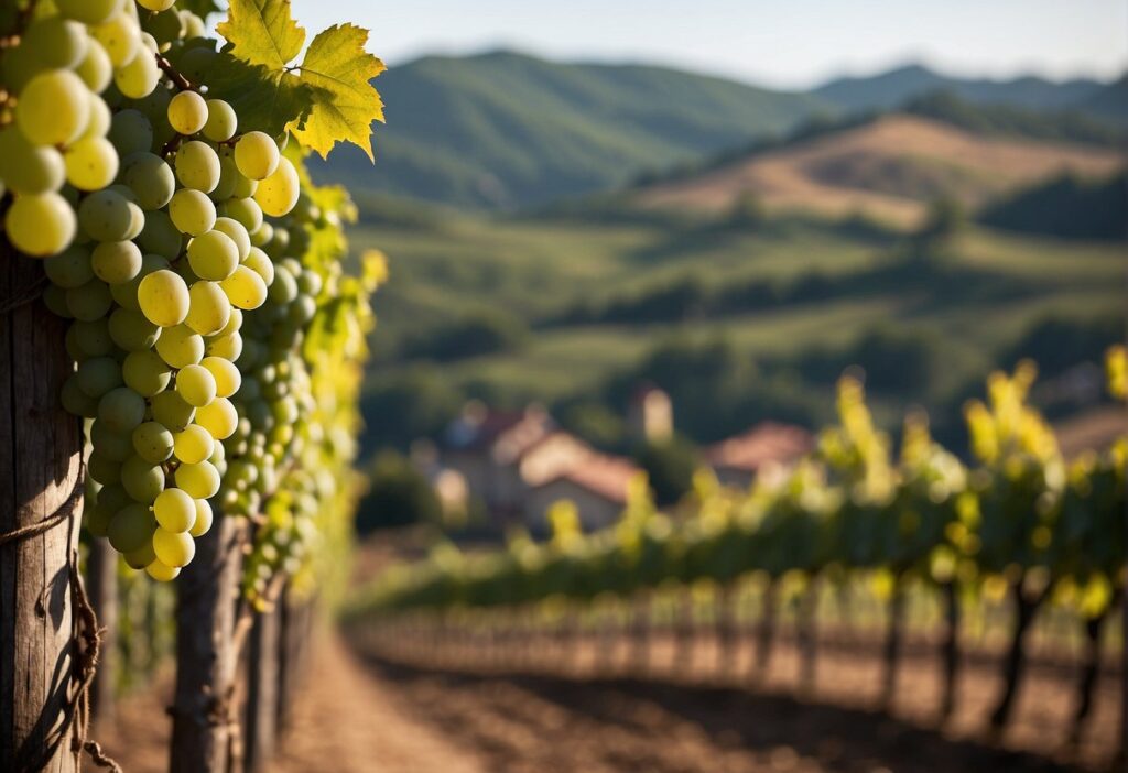 Grapes growing in the Trentino-Alto Adige Wine Region vineyard, with mountains in the background.