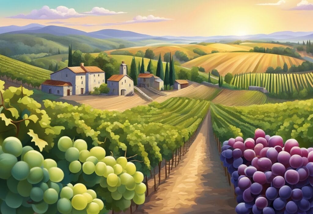 A painting of a vineyard in tuscany.