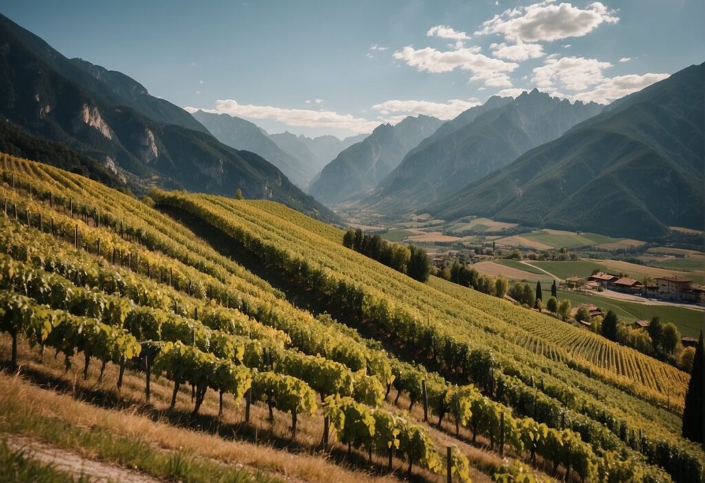 A picturesque vineyard in the Trentino-Alto Adige Wine Region, nestled in a valley surrounded by majestic mountains.